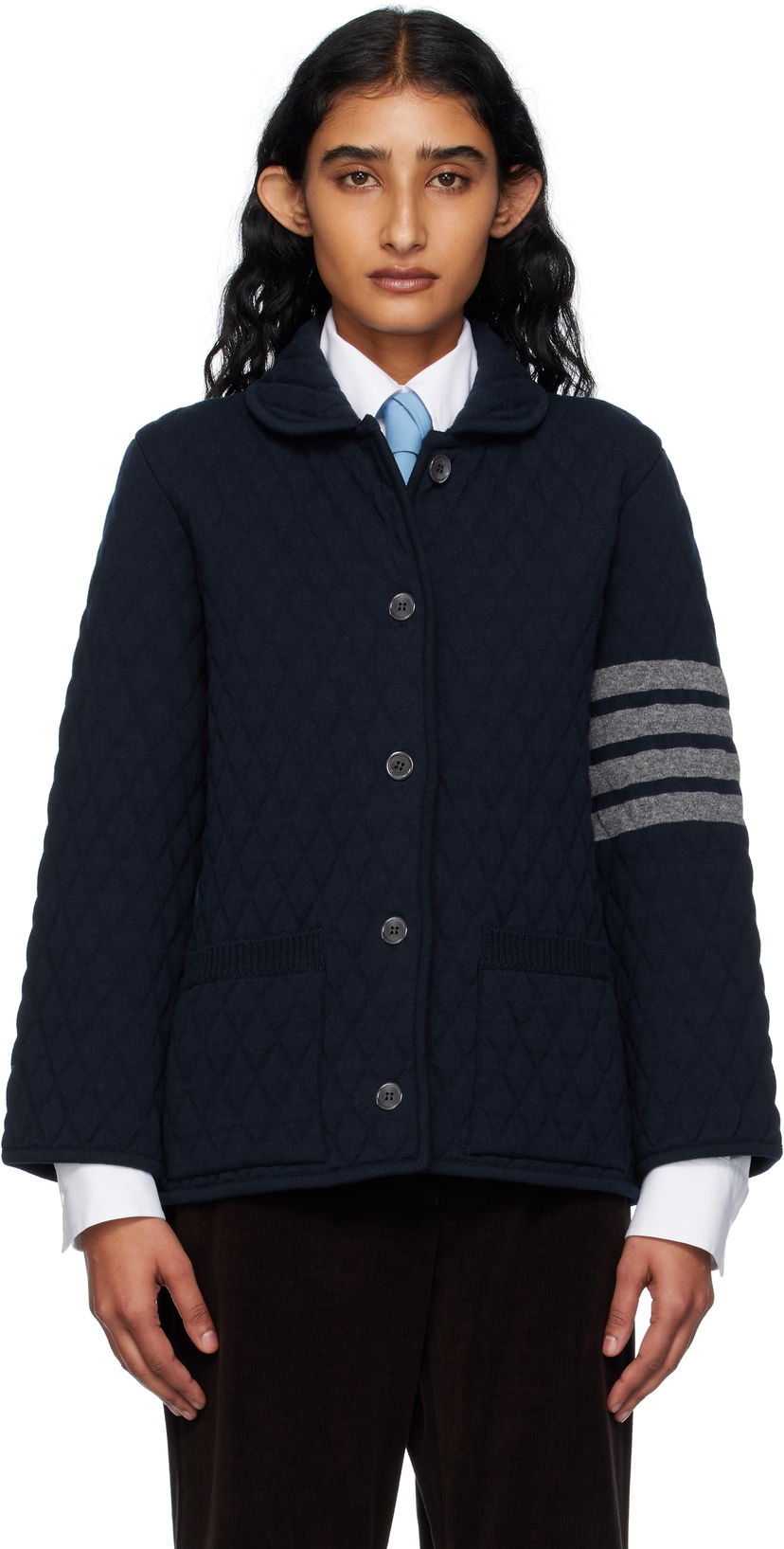 Jakke Thom Browne Thom Browne Quilted Knit Merino Wool 4-Bar Work Jacket Mørkeblå | FKJ117A-Y1029