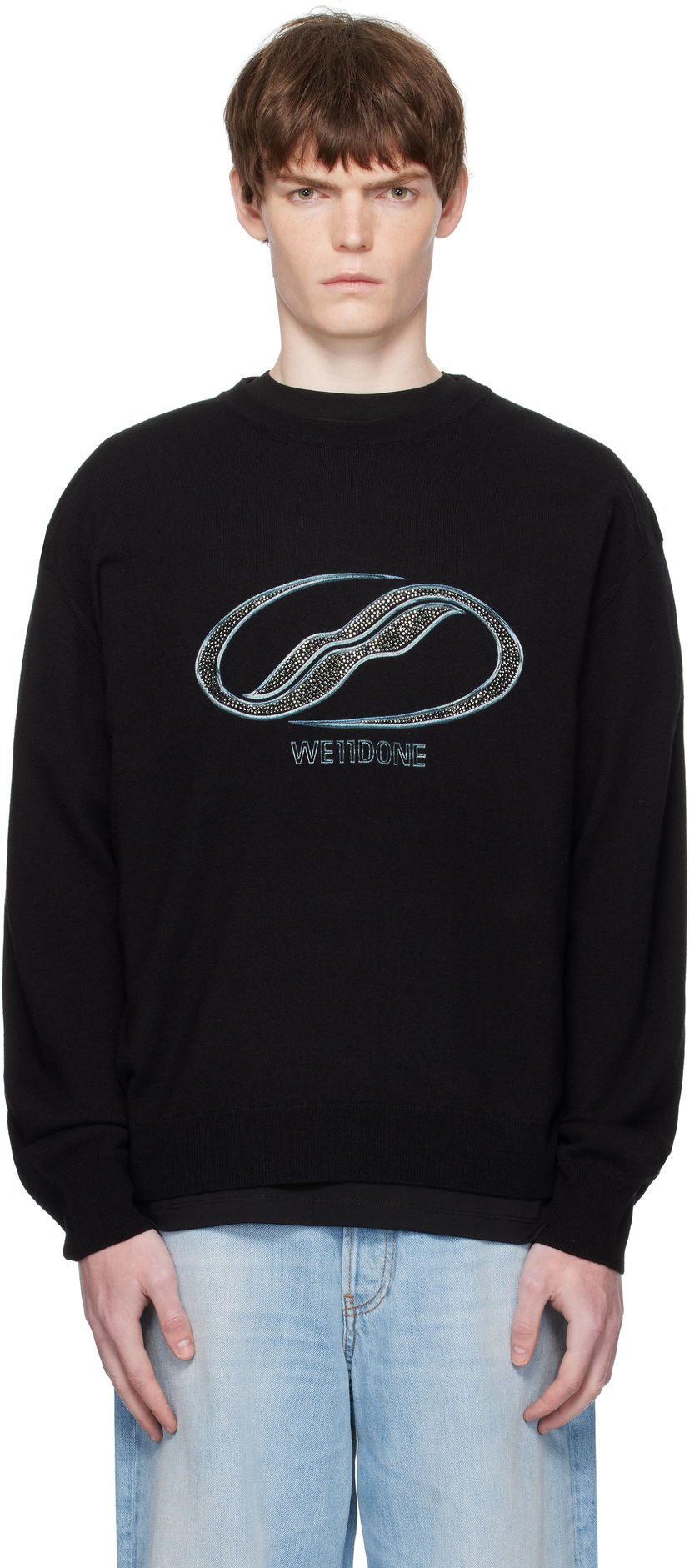 Sweater We11done We11done Logo Rhinestone Knit Pullover Sort | WD-KO2-25-652-U-BK