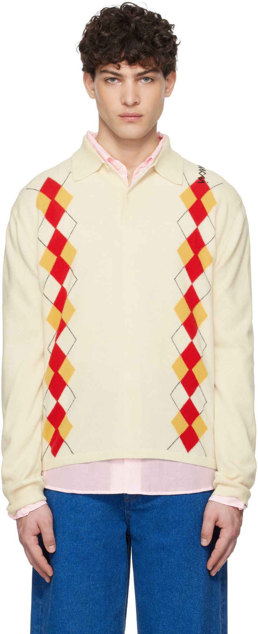 Sweater Marni Marni Argyle Detail Knit Polo Shirt Beige | POMG0072Q2 UFH546