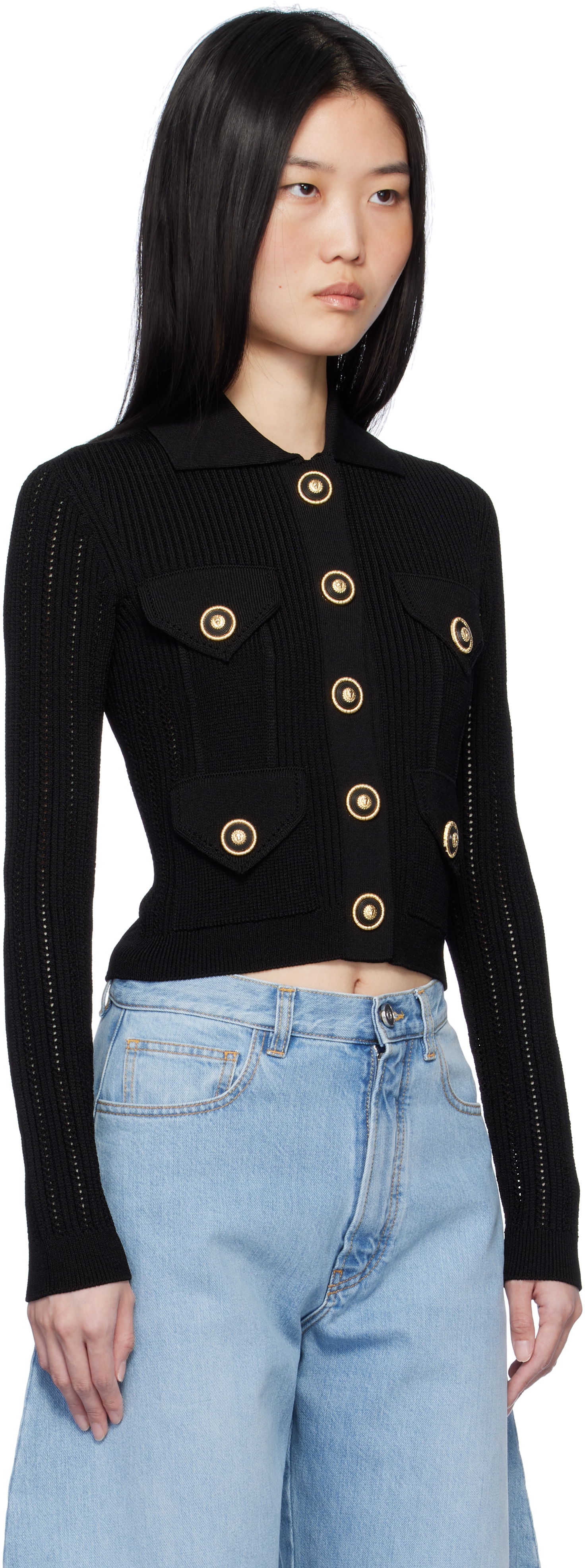 Sweater Balmain Cropped Ribbed Cardigan Sort | EF1KL150KI10, 1