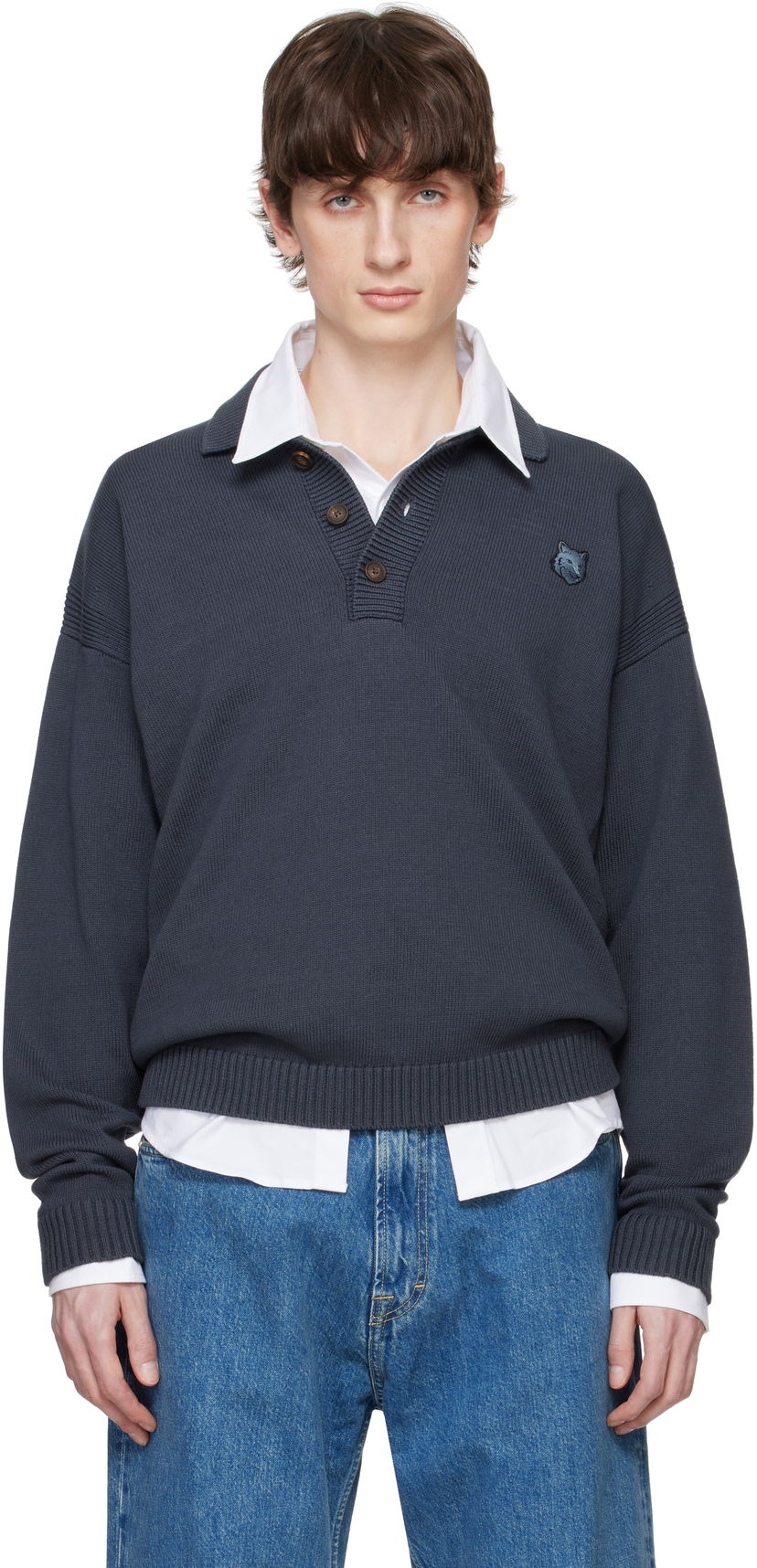 Sweater MAISON KITSUNÉ Maison Kitsuné Fox Head Patch Comfort Polo Grå | OM00202KT1099