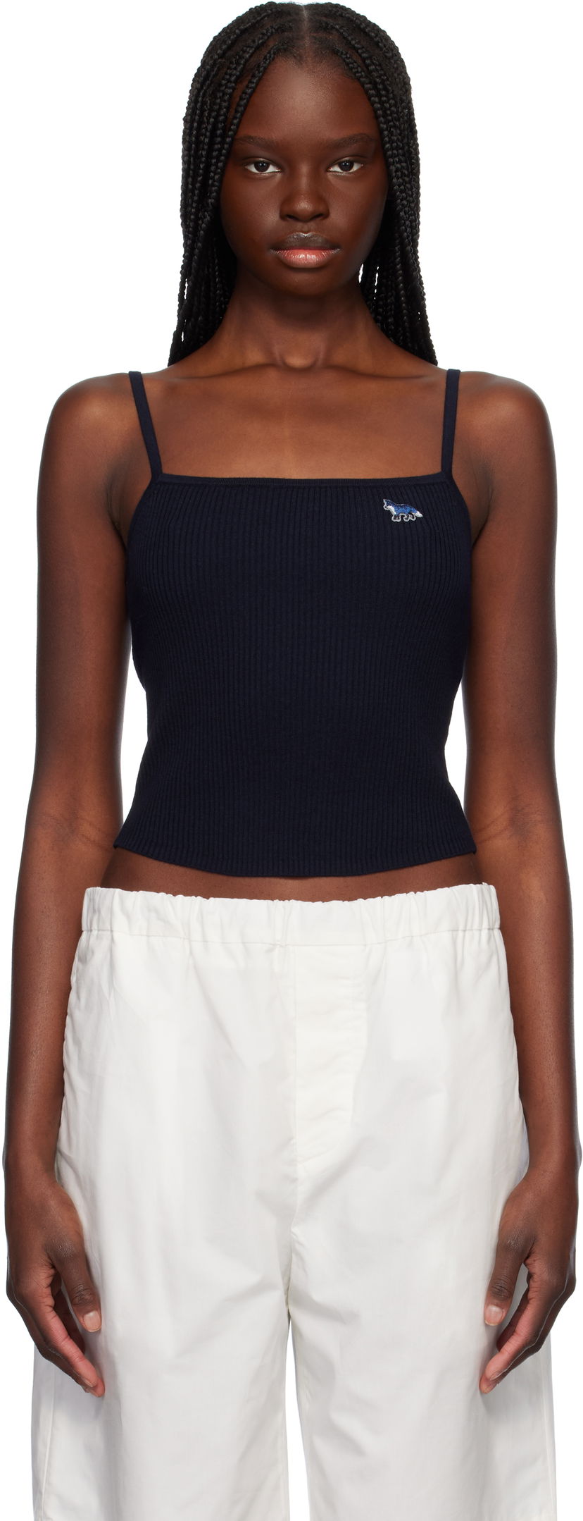Tanktop MAISON KITSUNÉ Maison Kitsuné Baby Fox Patch Fine Rib Cropped Camisole Mørkeblå | OW00601KT1091