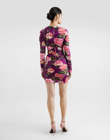 Kjole Dolce & Gabbana Dolce & Gabbana Charmeuse Rose Print Sheath Mini Dress with Draping Lilla | F6TLTTFSA7AHP5IG, 2