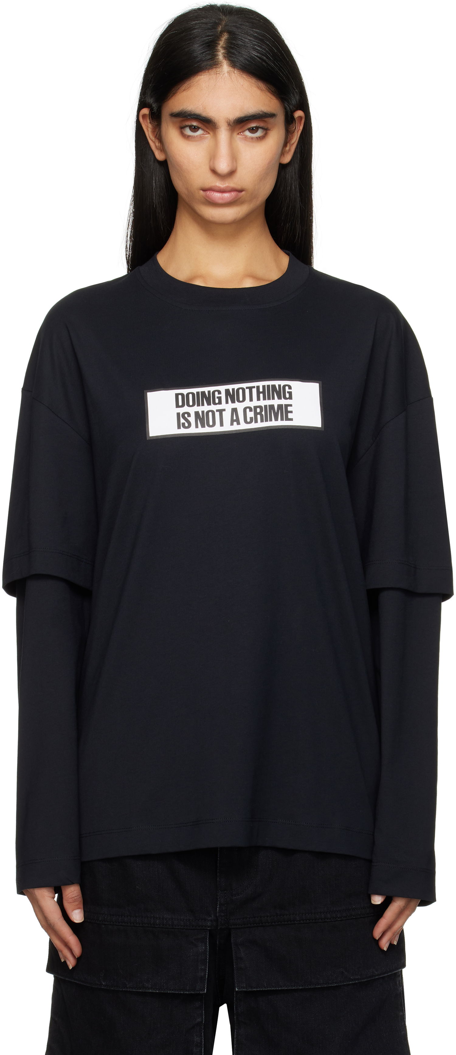T-shirt Études Études 'Doing Nothing Is Not A Crime' Double Sleeve T-Shirt Sort | H24MMTSH185-99, 0