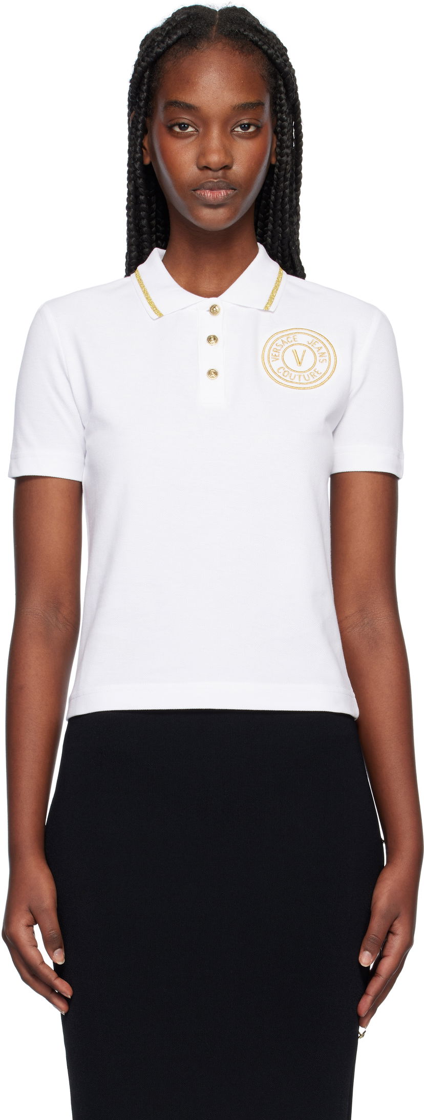 Polo skjorte Versace White Cropped Polo with Gold Emblem Hvid | E77HAGT00_ECJ01T