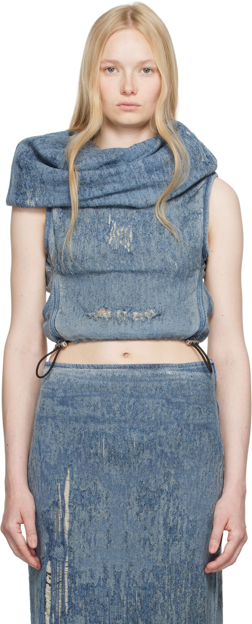 Nederdel Diesel Diesel De-Vania-Fsg Distressed Denim Cowl Neck Top Blå | A18944 068RQ