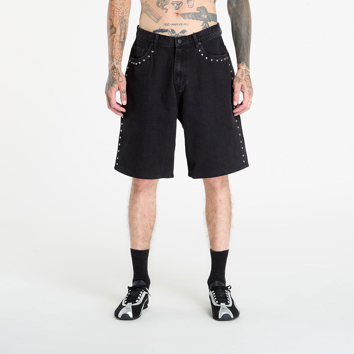 Shorts Pleasures PLEASURES Daft Club Lucky Studded Denim Shorts Sort | P25DP005-BLACK, 0