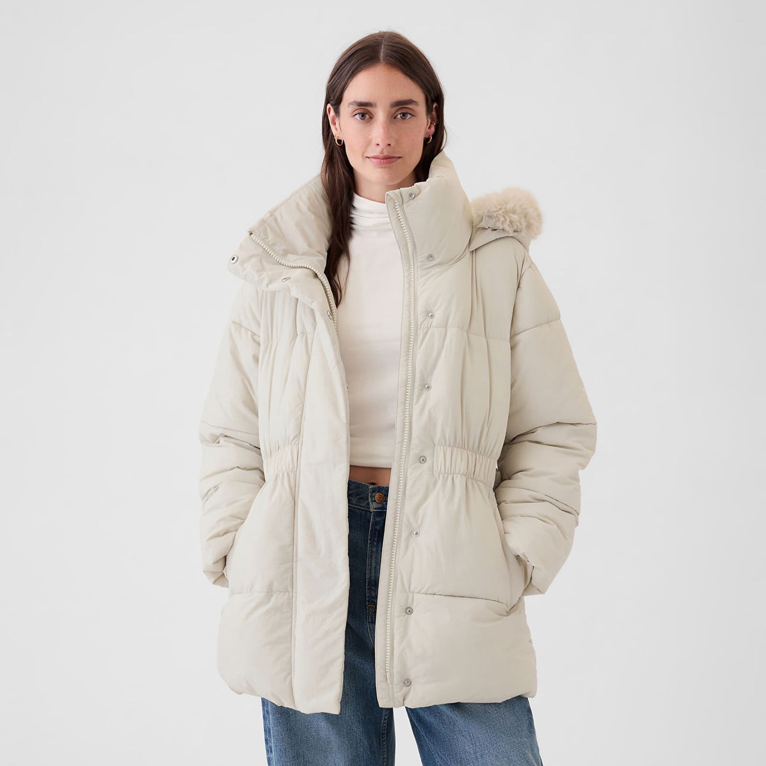 Jakke GAP Jacket Puffer Midi Coat Regular Grey XS Beige | 520185-00, 0