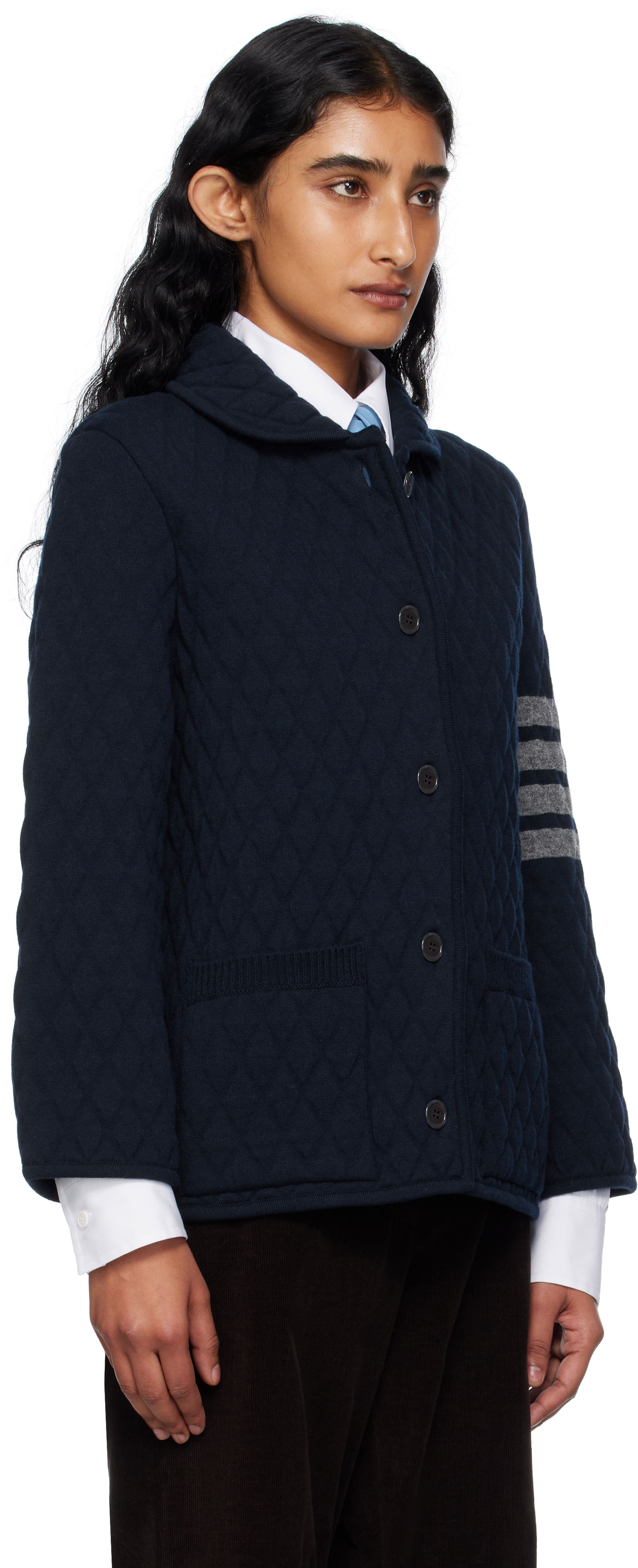 Jakke Thom Browne Thom Browne Quilted Knit Merino Wool 4-Bar Work Jacket Mørkeblå | FKJ117A-Y1029, 1