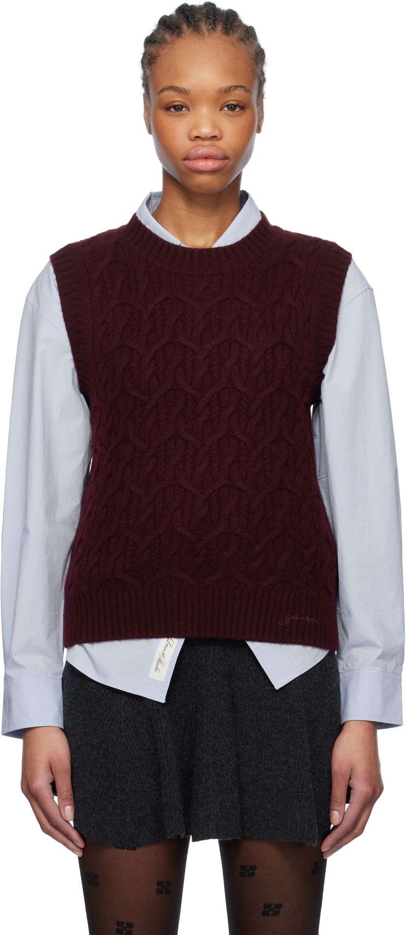 Sweater GANNI GANNI Wool Cashmere Cable Knit Vest Bourgogne | K2350