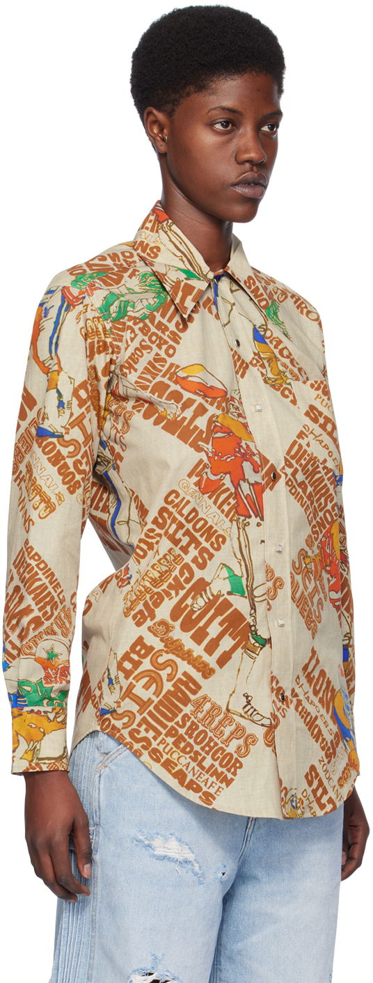 Skjorte ERL Brown Graphic-Print Cotton Button-Up Shirt Beige | ERL07B006, 1