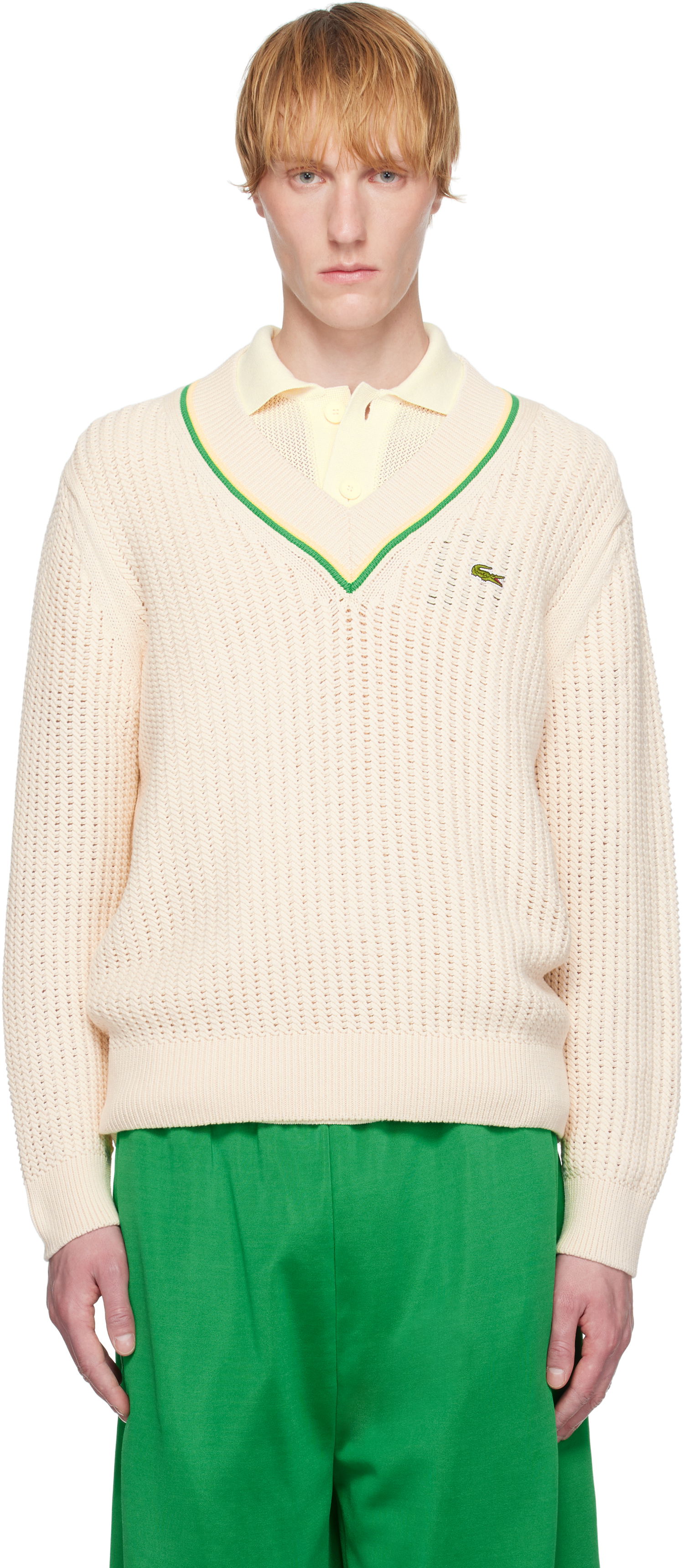 Sweater Lacoste Lacoste V-Neck Striped Tennis Sweater Beige | AH9303_GIH, 0