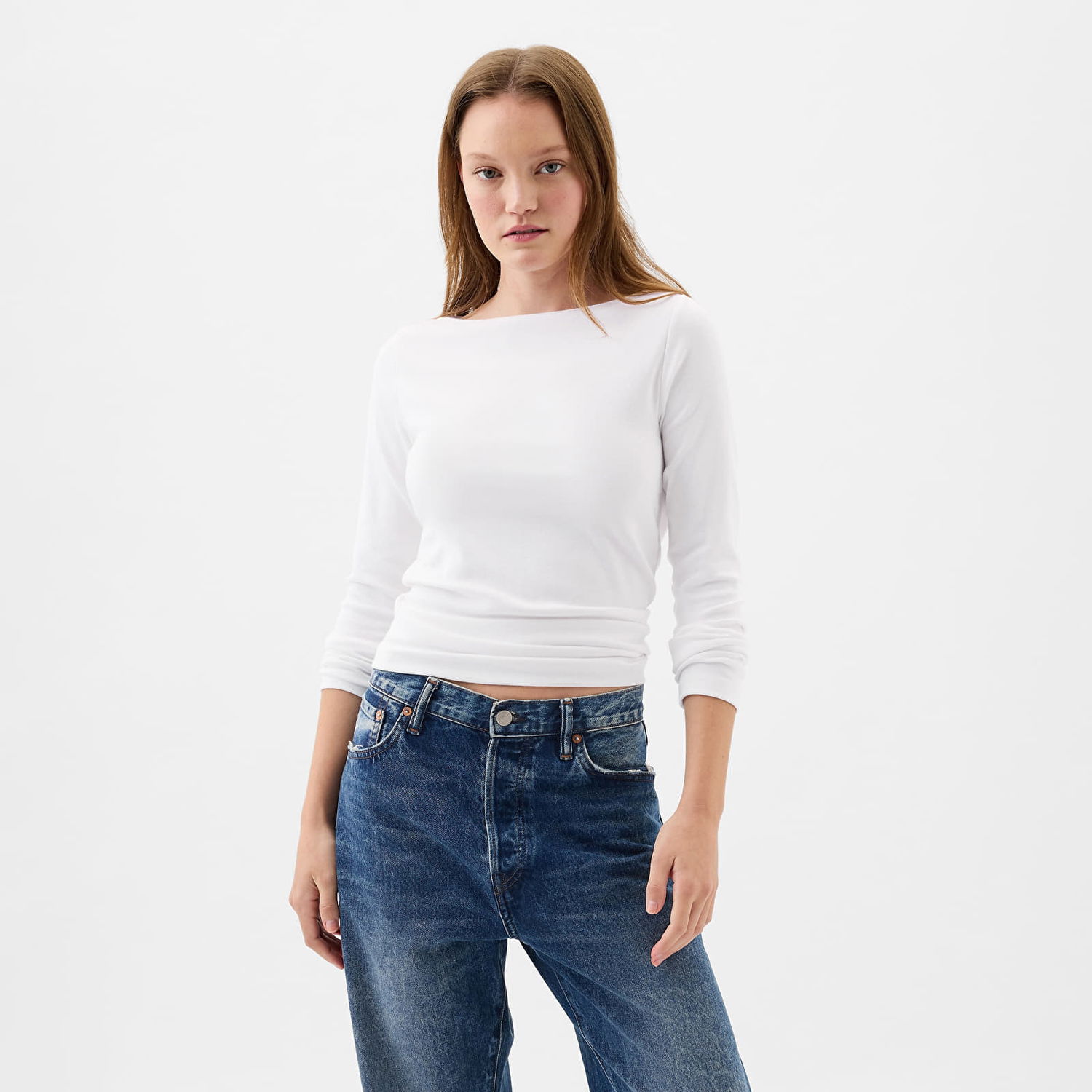 T-shirt GAP Top Longsleeve Bateau Neck Modal Top Fresh White Hvid | 540606-03, 0