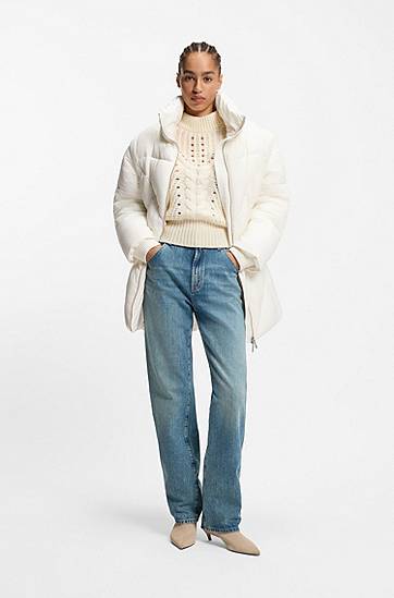 Puffer jakke BOSS High-Neck Water-repellent Quilted Puffer Jacket with Belt Hvid | 50547306, 1