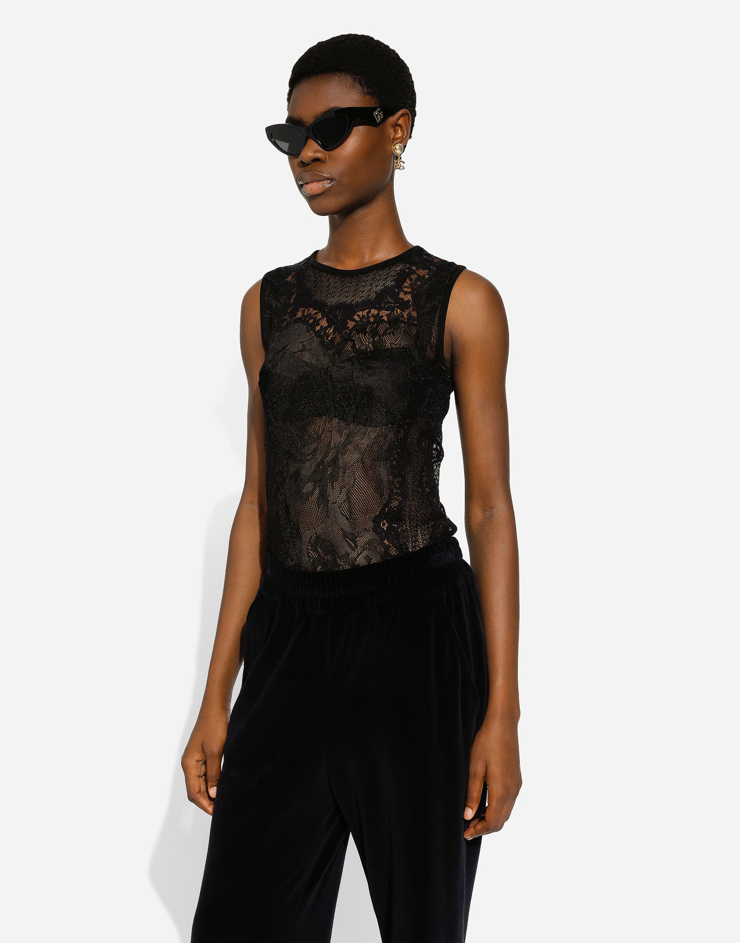 Tanktop Dolce & Gabbana Dolce & Gabbana Round-Neck Lace-Stitch Sleeveless Top Sort | FXT02TJFMFVN0000, 1