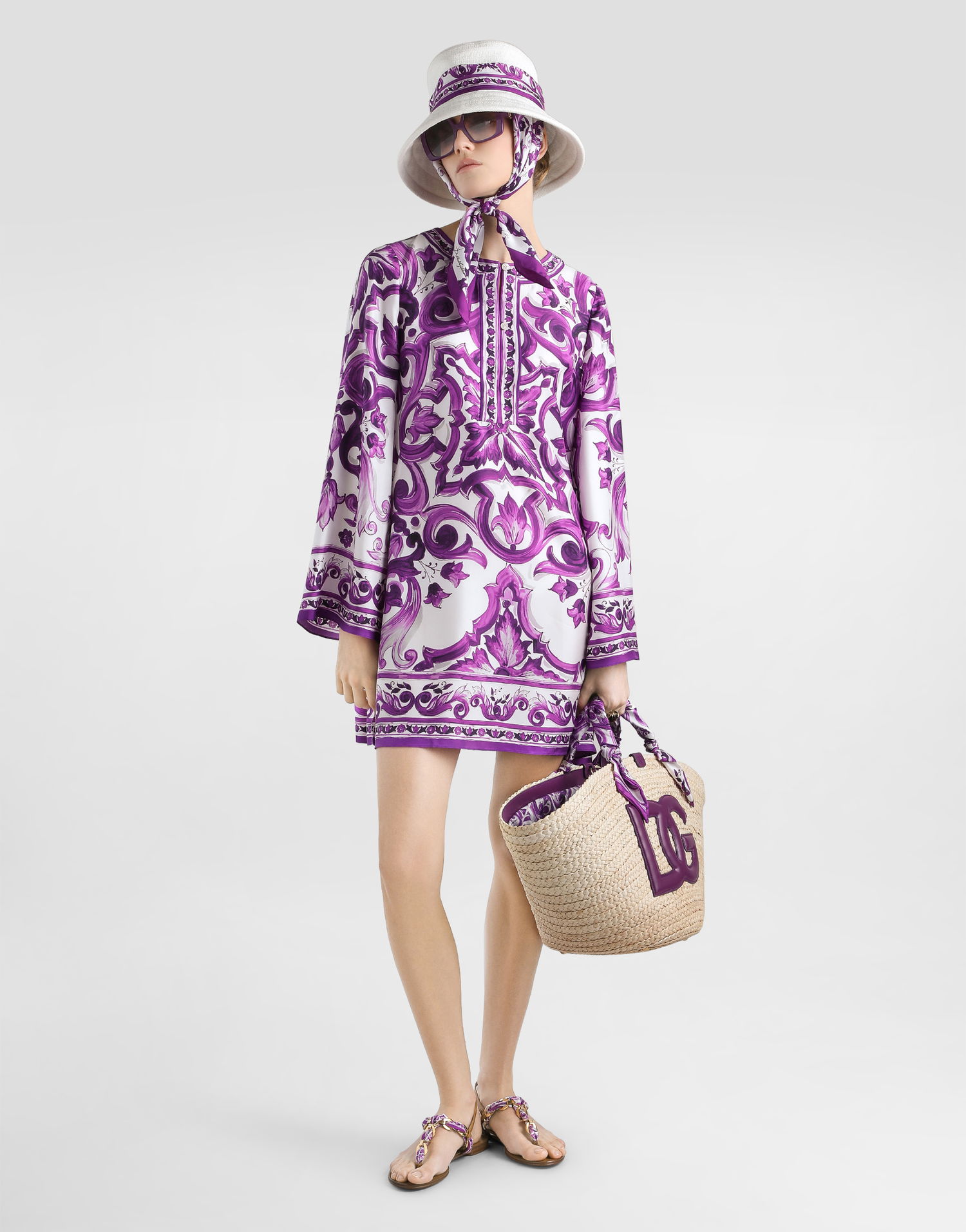 Kjole Dolce & Gabbana Dolce & Gabbana Majolica-Print Twill Tunic Dress Lilla | F61A2THI1TKIP3TN, 1