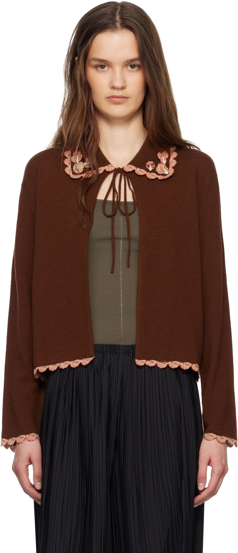 Sweater Bode Bode Rookie Embroidered Scalloped Cardigan Brun | WRS25KT021
