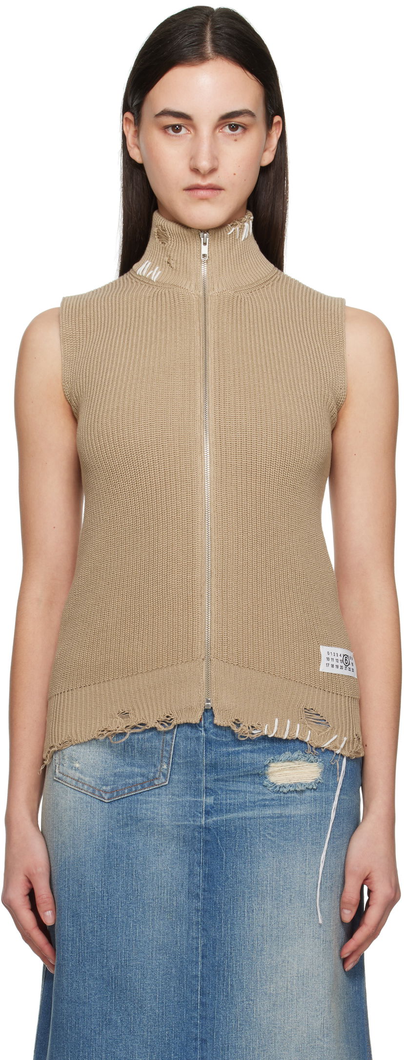 Sweater Maison Margiela MM6 Maison Margiela Eaten Knit Zip-Up Vest Beige | S52FB0095 M13089