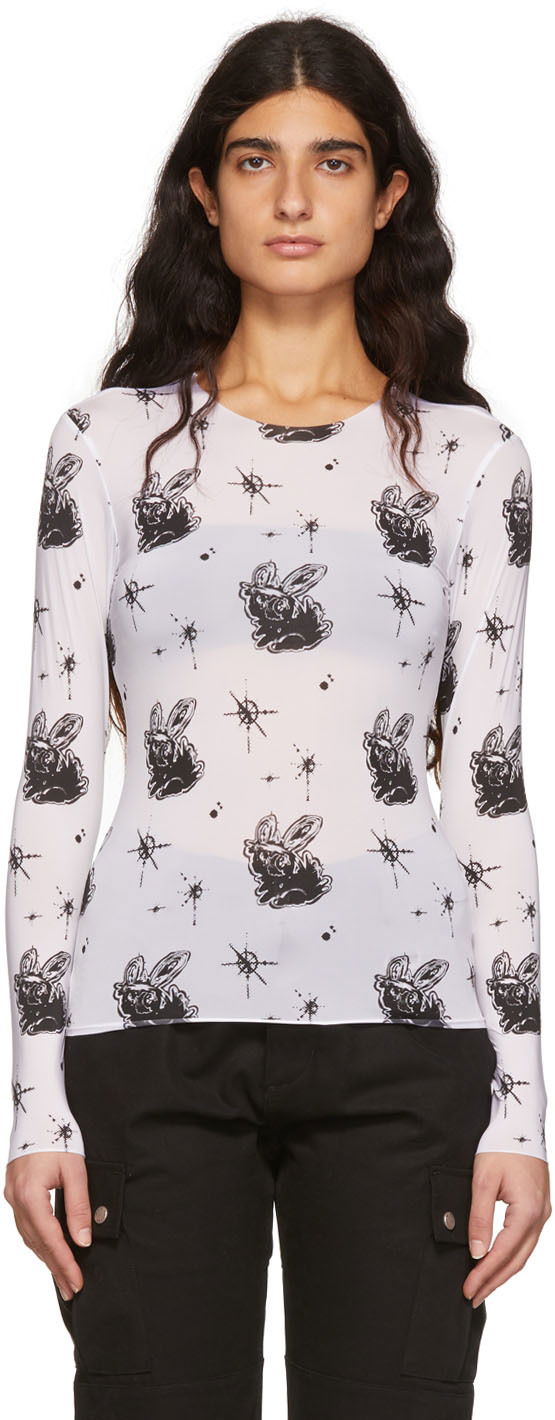 T-shirt We11done We11done Semi-Sheer Long Sleeve T-Shirt with Bunny Print Hvid | WD-TT1-22-577-W-WH