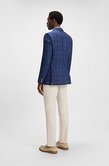 Jakke BOSS BOSS Slim-Fit Checked Linen-Blend Jacket Blå | 50540502, 1