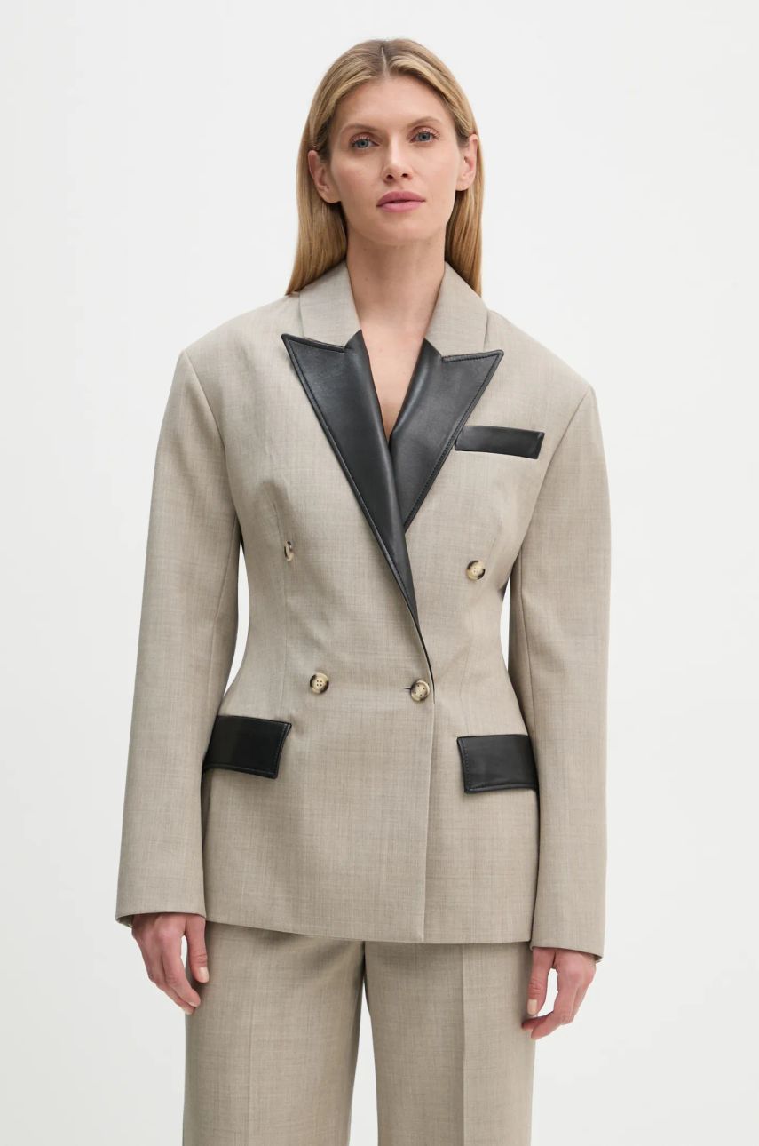 Jakke Nanushka Double Breasted Blazer with Faux Leather Trim Beige | NW24FWJK36770, 0