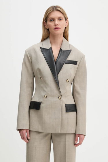 Jakke Nanushka Double Breasted Blazer with Faux Leather Trim Beige | NW24FWJK36770, 0