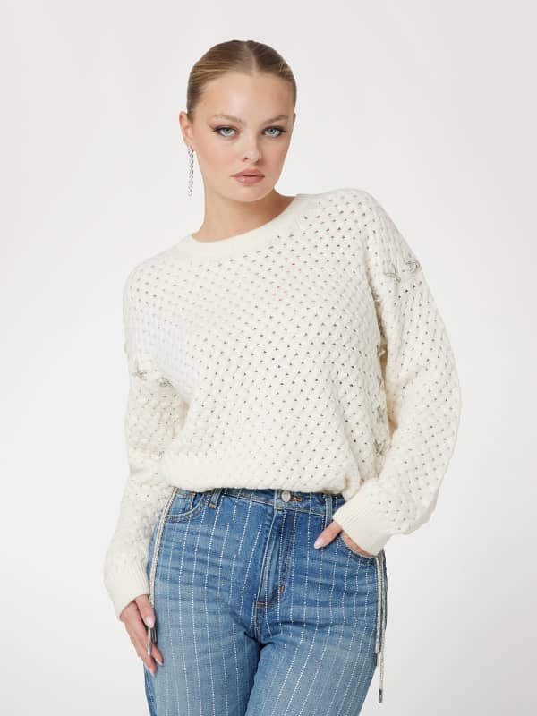 Sweater GUESS Cable Knit Open Stitch Sweater Hvid | W5RR13Z3KY0, 0
