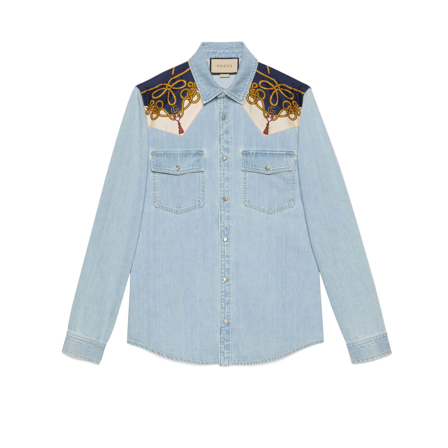 Skjorte Gucci Chain Print Panelled Shirt Light Blue Blå | 692271 XDBYI 4452, 0