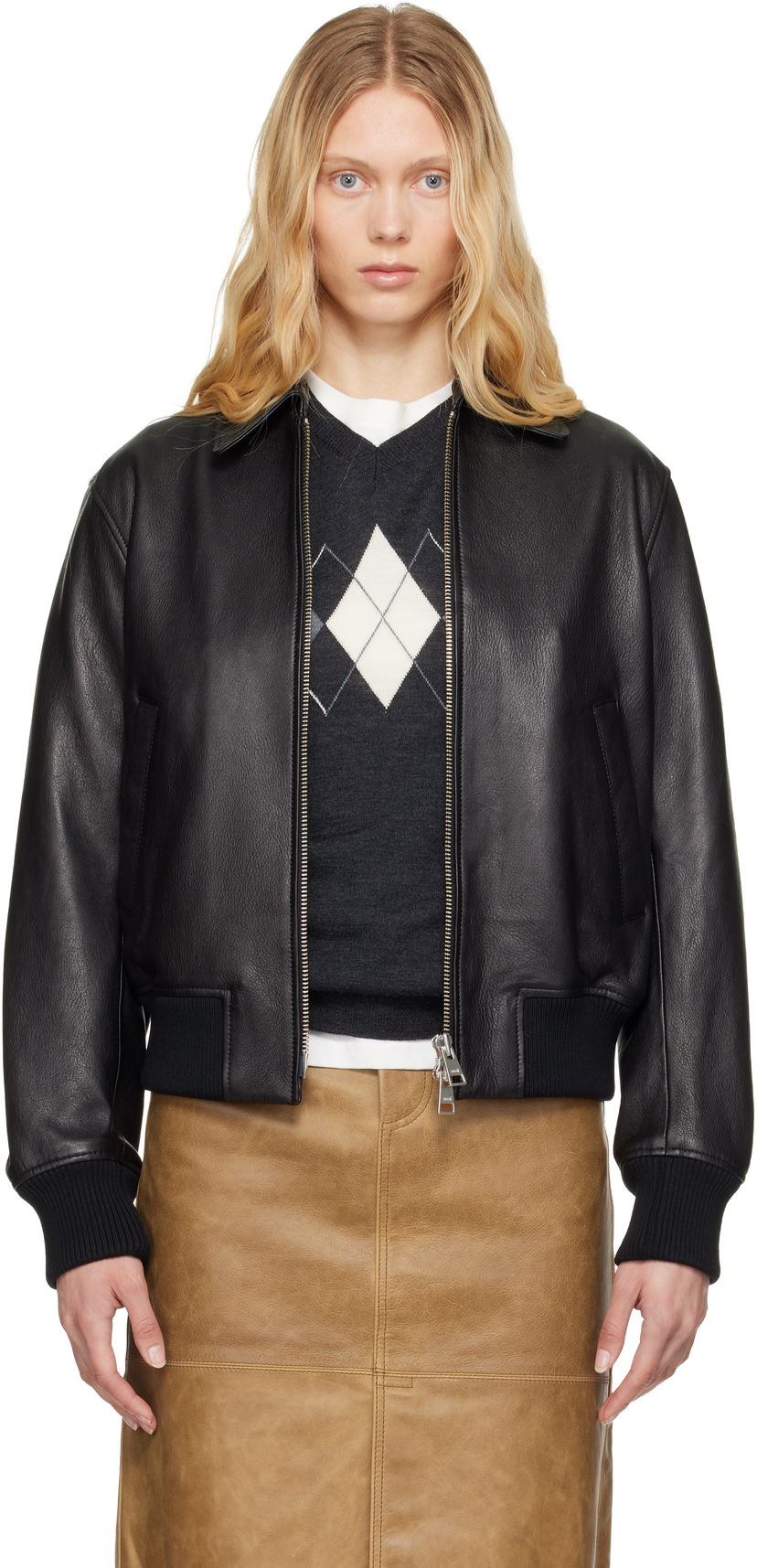 Bomberjakke AMI AMI Paris Zipped Leather Jacket Sort | UJK078.LH0044
