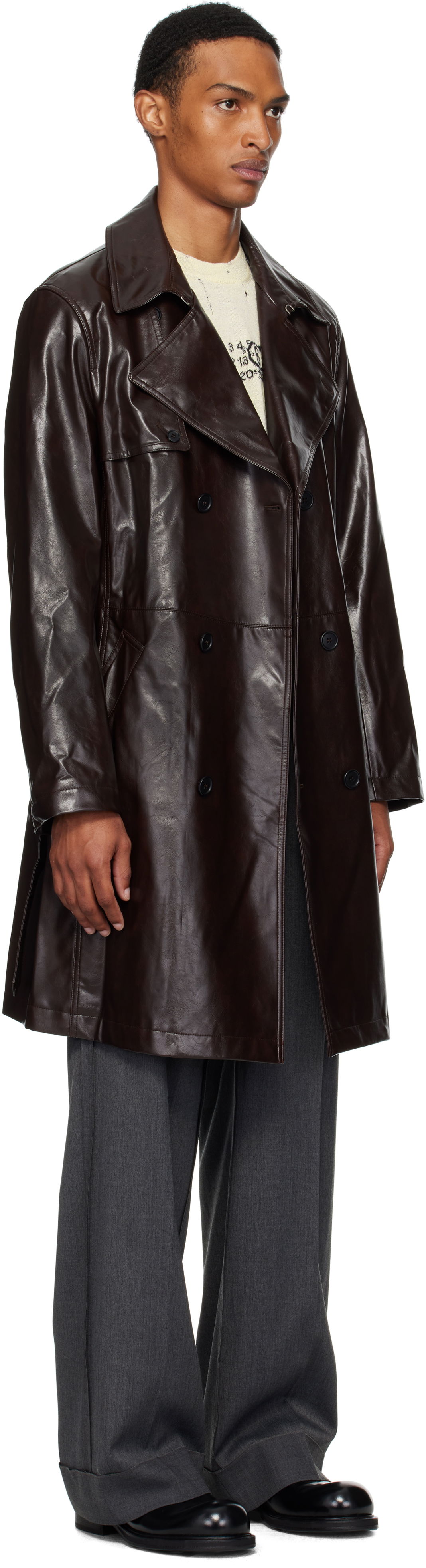 Trenchcoat Maison Margiela MM6 Maison Margiela Double-Breasted Faux-Leather Jacket Brun | SH0AH0006 M35465, 1