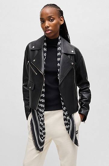 Tørklæde BOSS HUGO Square Logo Print Scarf with Fringed Edging Sort | 50517680, 1