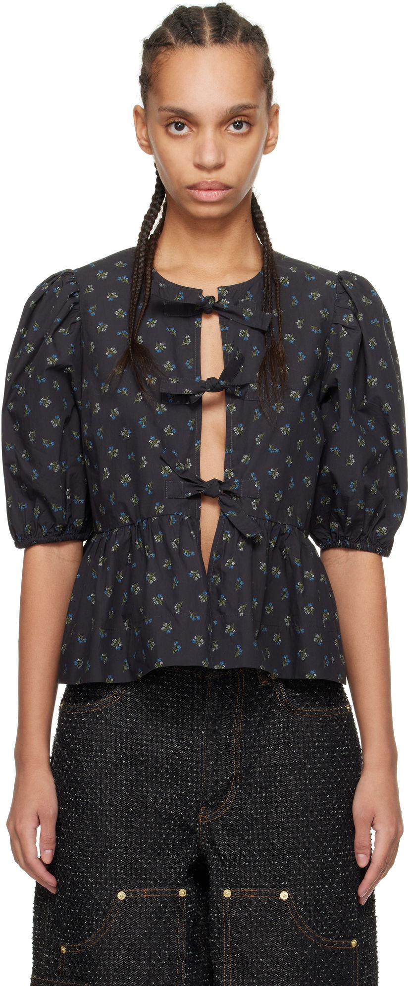 Skjorte GANNI GANNI Printed Cotton Peplum Blouse Sort | W0152