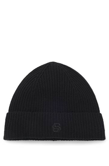 Beanie BOSS Wool-cashmere ribbed beanie hat with Double B monogram Sort | 50557673, 0
