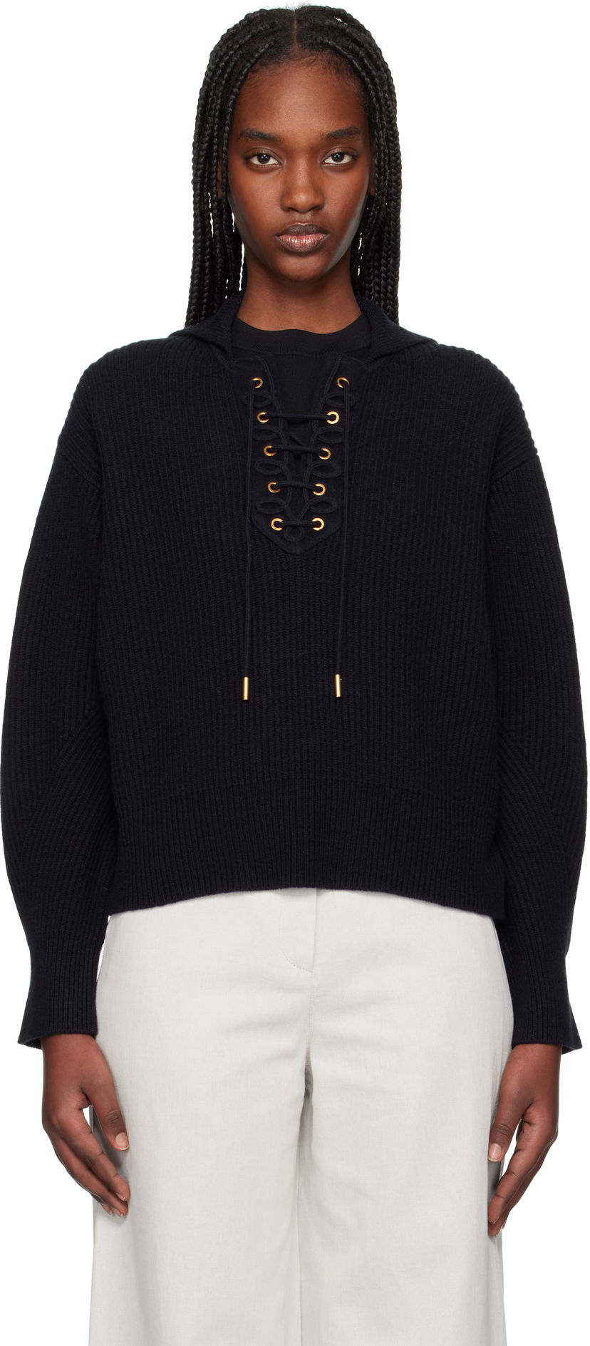 Sweater Max Mara Max Mara Eccelso Lace-Up Ribbed Knit Hoodie Mørkeblå | 2511361161600