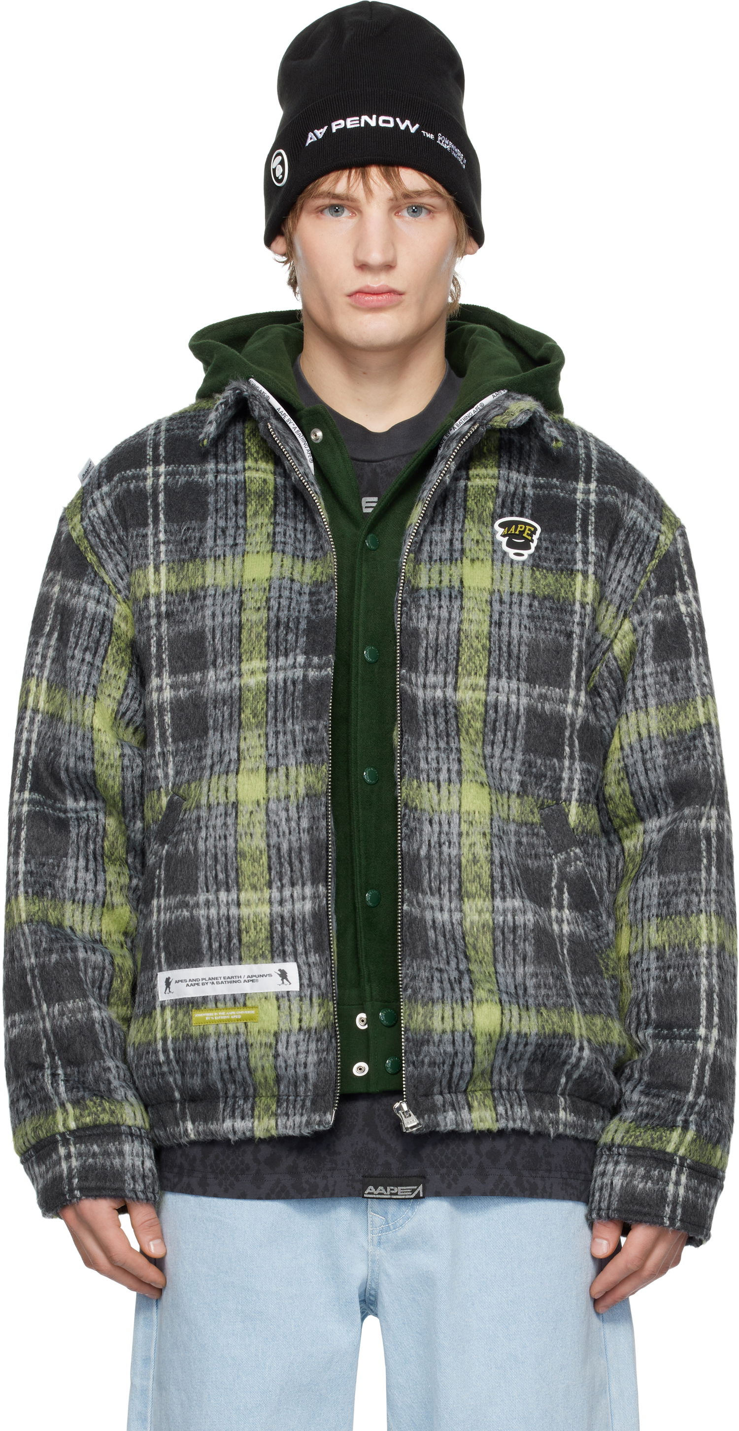 Bomberjakke AAPE by A Bathing Ape AAPE by A Bathing Ape Moonface Logo Check Hooded Jacket Flerfarvet | AAPJKM7681XXNGYM, 0