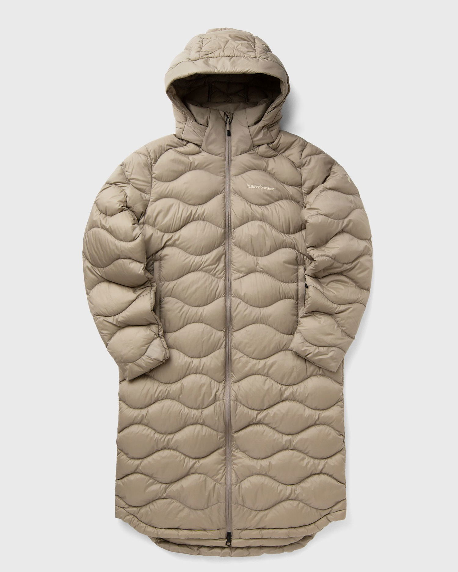 Puffer jakke Peak Performance HeliuDown Wavy Quilted Hooded Puffer Coat Beige | G79850020, 1