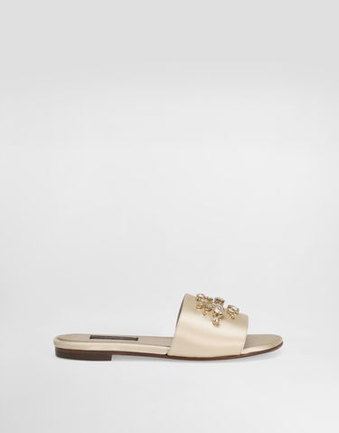 Tilbehør Dolce & Gabbana Dolce & Gabbana Flat Satin Sliders with Crystals Beige | D11325AY69687610, 0