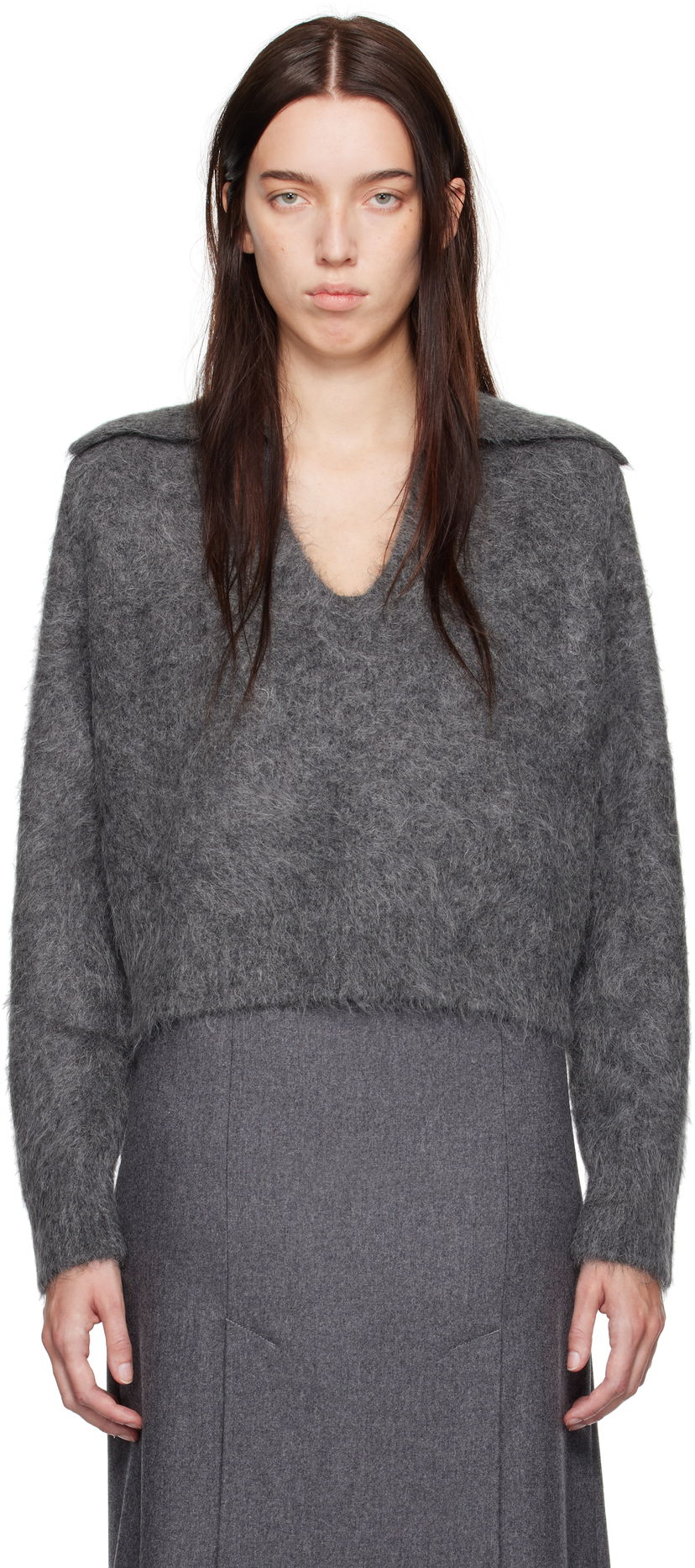 Sweater Loulou de Saison Loulou de Saison Ambrose Cropped Collared Sweater Grå | AMBROSE