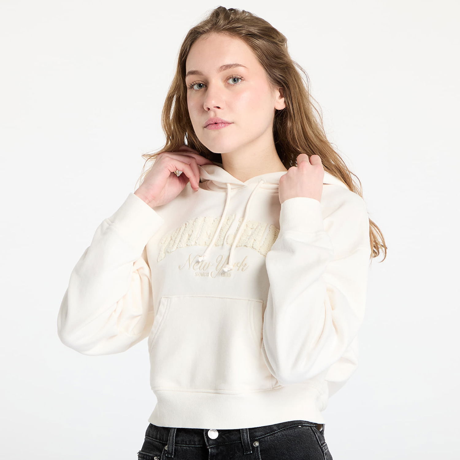 Sweatshirt Tommy Hilfiger Tommy Jeans Boxy Crop Varsity Hoodie Hvid | DW0DW19413 YBH, 1