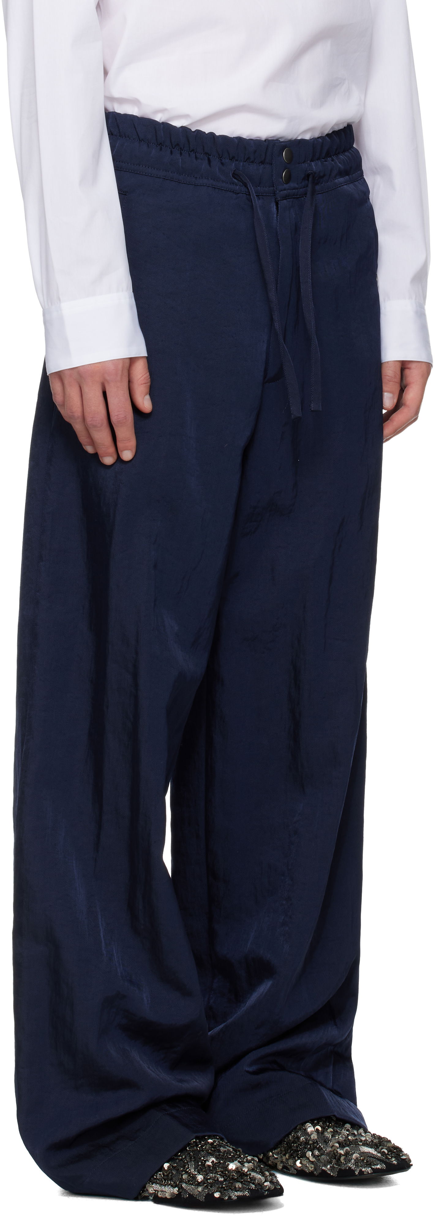 Bukser Dries Van Noten Dries Van Noten Twill Wide-Leg Drawstring Trousers Mørkeblå | 252-020993-2328, 1