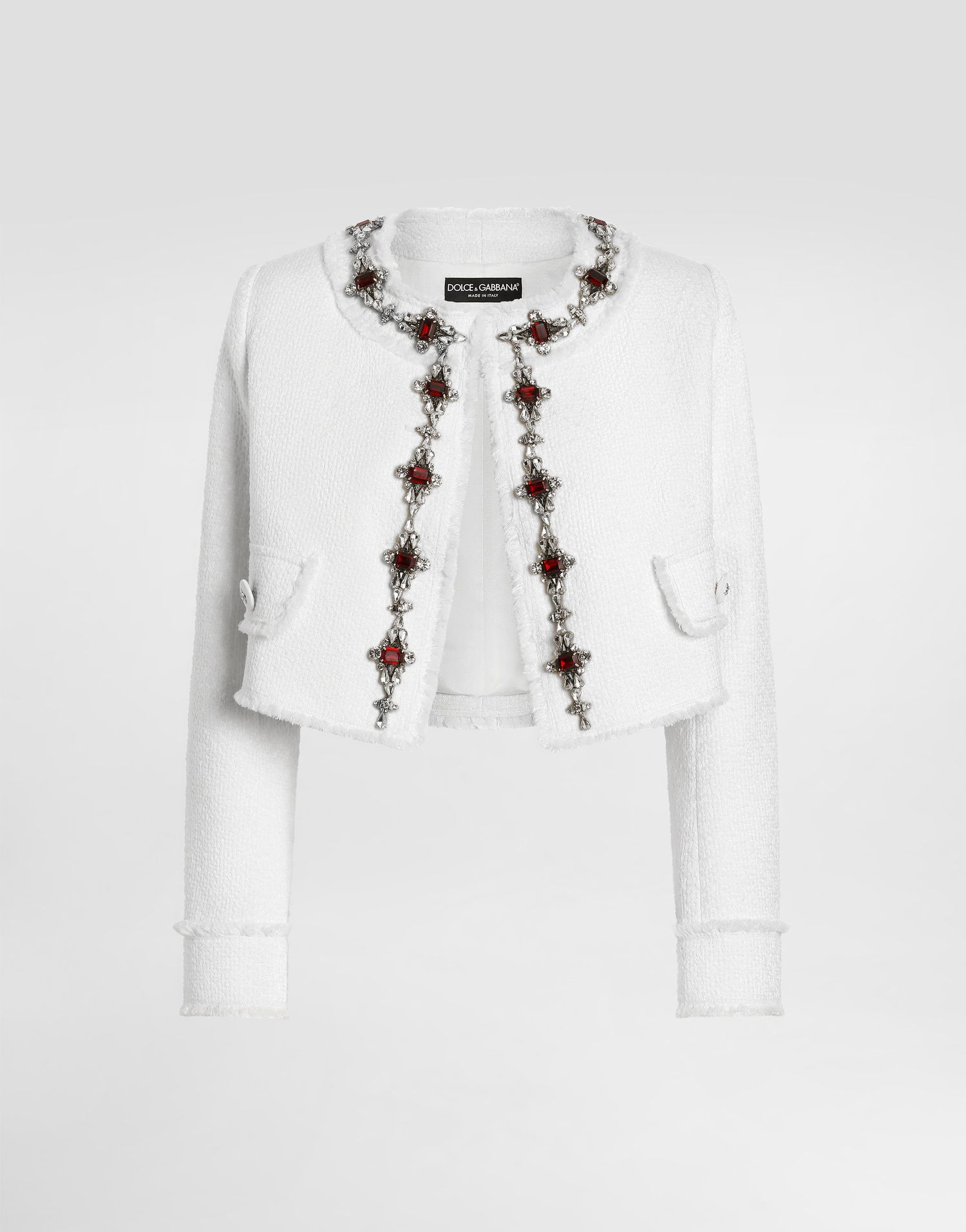 Jakke Dolce & Gabbana Dolce & Gabbana Short Tweed Jacket With Jewel Embroidery Hvid | F26X8ZHUMUAW3789, 0