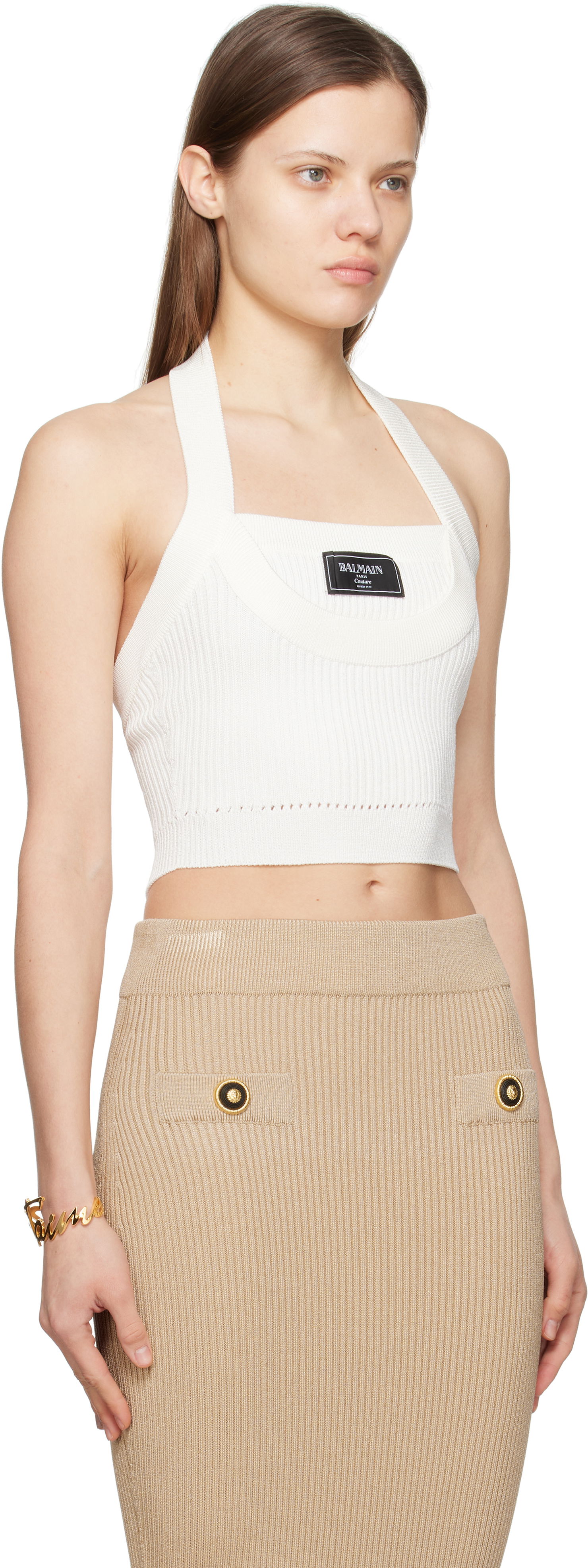 Nederdel Balmain Balmain Ribbed Knit Halter Top Beige | EF1AA380KI10, 1
