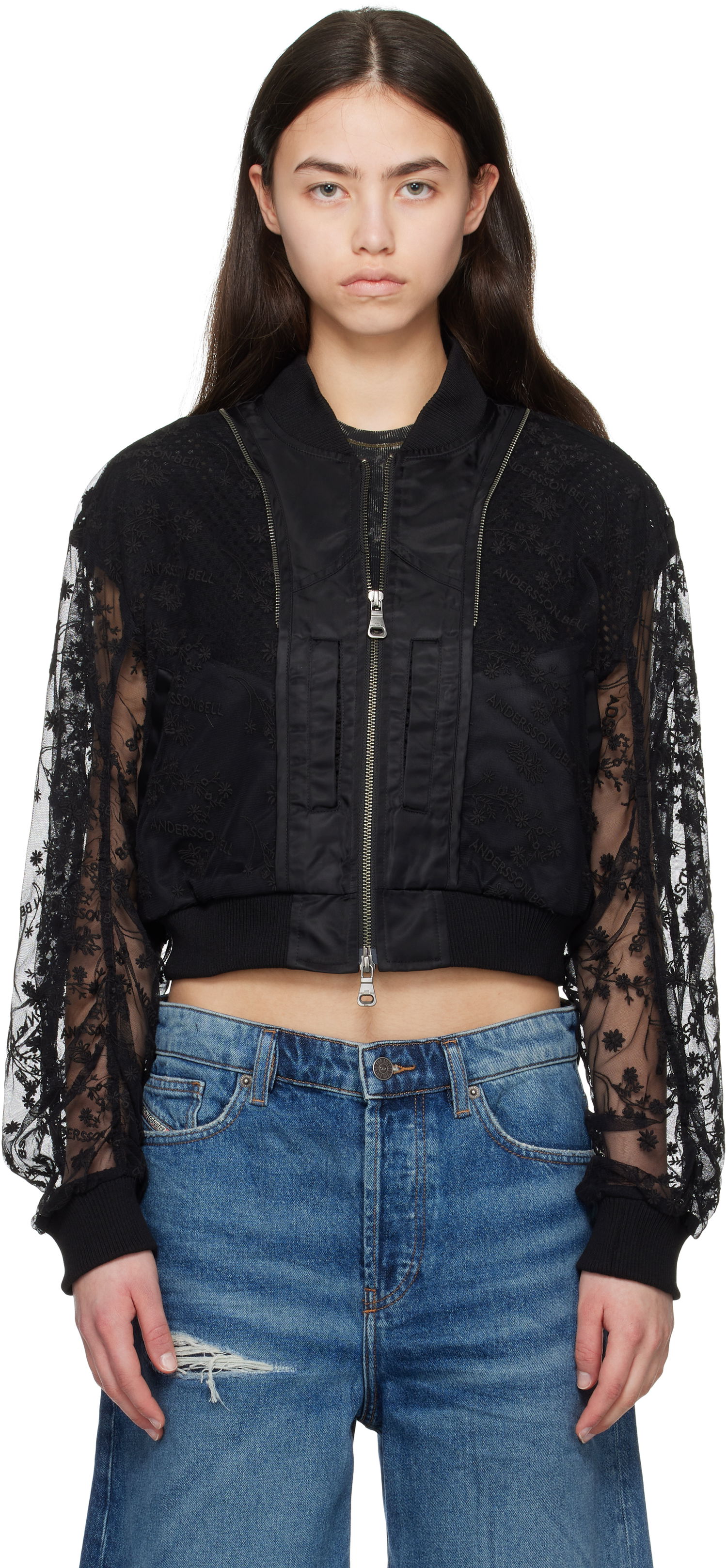Bomberjakke Andersson Bell Andersson Bell Layered Logo Lace Short Bomber Jacket Sort | awa702w, 0