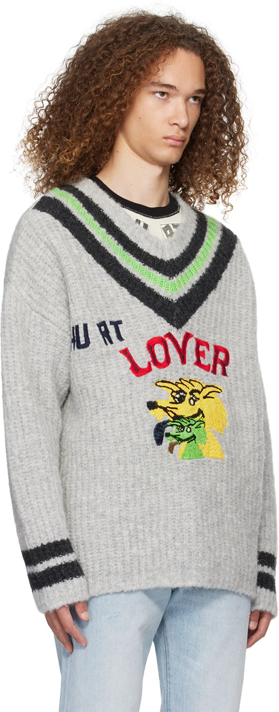 Sweater ERL 'Hurt Lover' Graphic V-Neck Sweater Grå | ERL07N004, 1