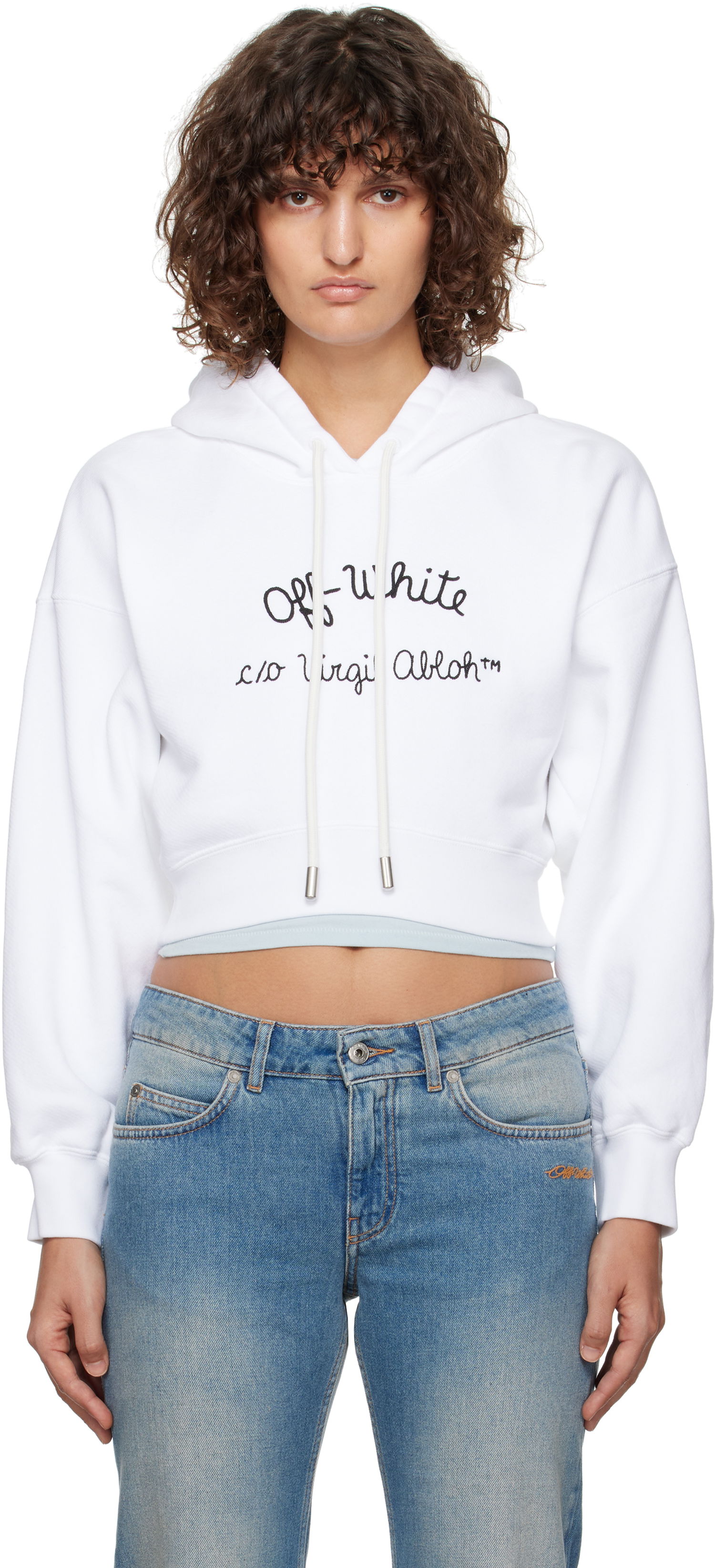 Sweatshirt Off-White Embroidered Script Logo Cropped Hoodie Hvid | OWBB056F24FLE0030110, 0