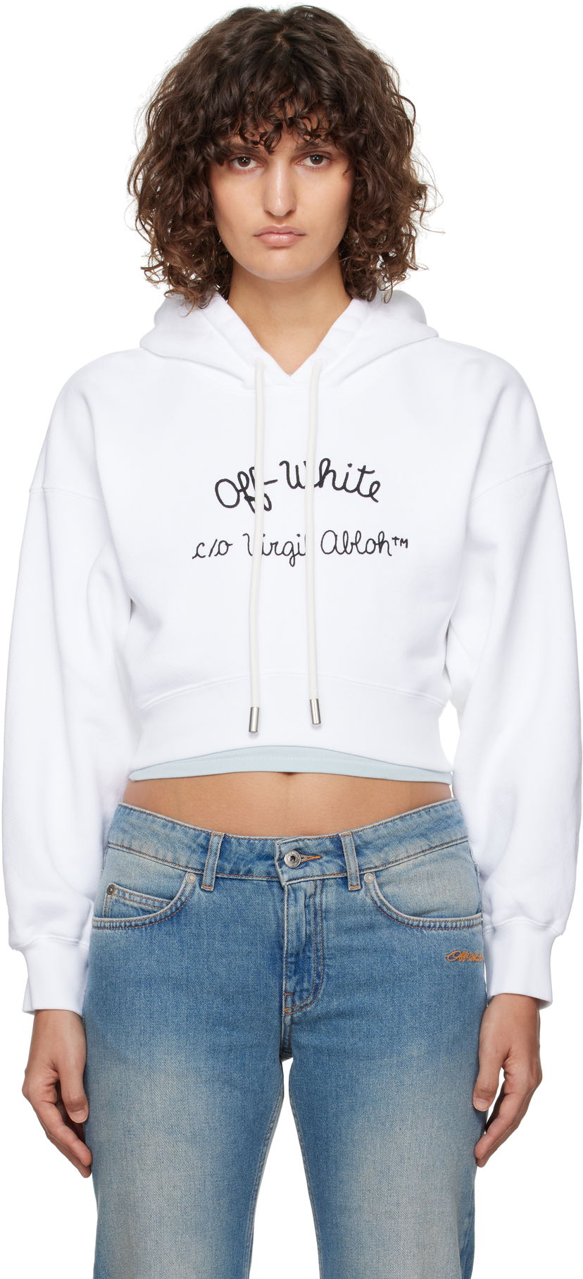 Sweatshirt Off-White Embroidered Script Logo Cropped Hoodie Hvid | OWBB056F24FLE0030110