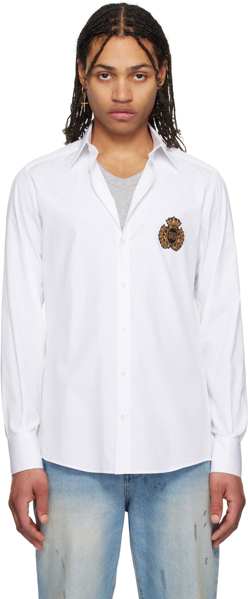 Skjorte Dolce & Gabbana Dolce&Gabbana Heraldic Patch Cotton Shirt Hvid | G5ML1ZGI757