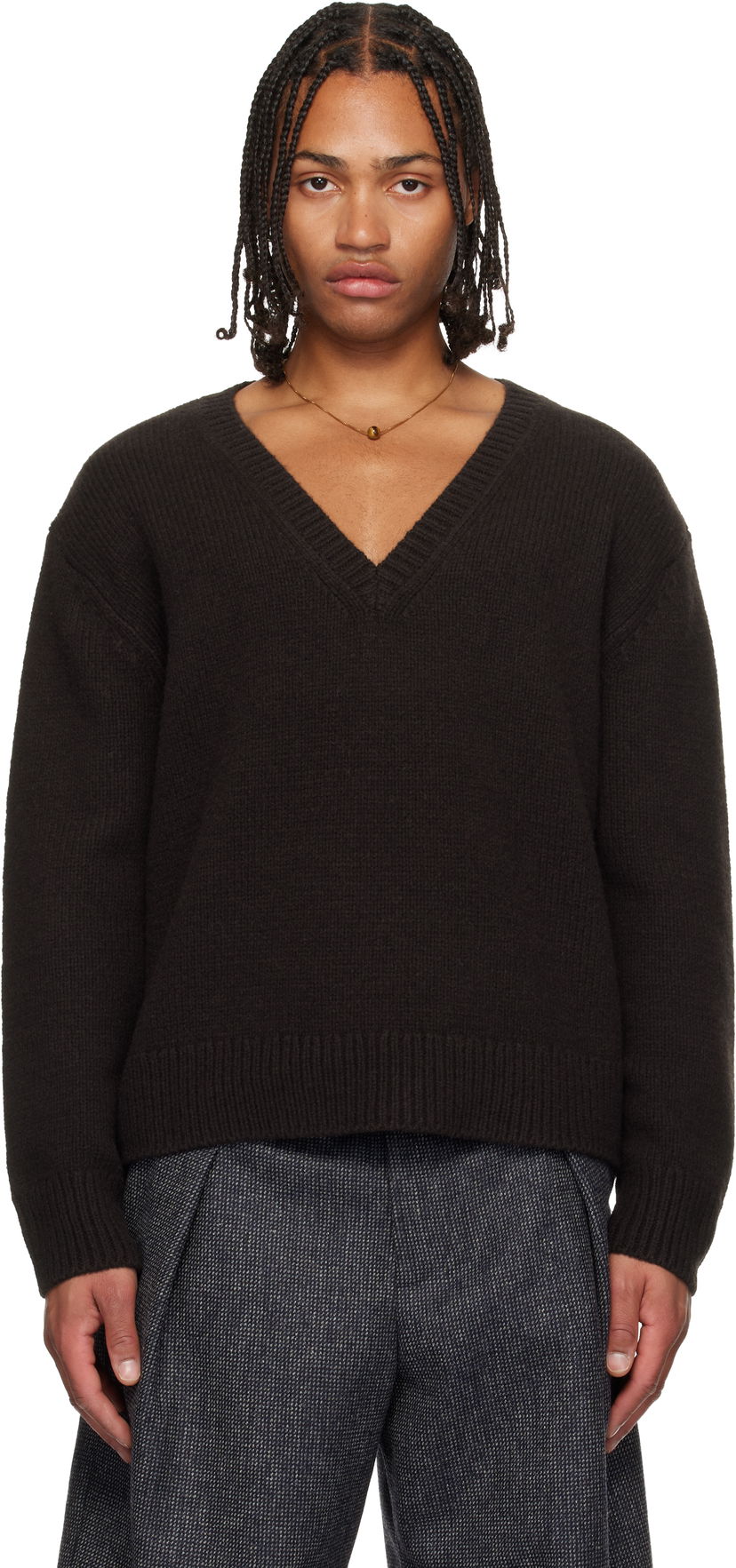 Sweater Dries Van Noten V-Neck Merino Wool Sweater Brun | 252-021246-2710