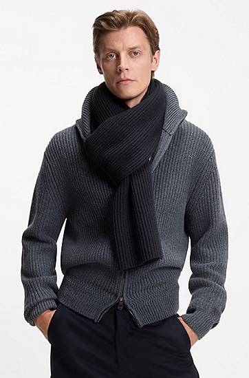 Tørklæde BOSS BECKHAM x BOSS ribbed knit virgin wool and cashmere scarf Sort | 50552883, 1