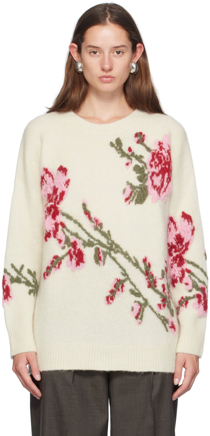 Sweater Blumarine Blumarine Jacquard Rose Crewneck Sweater Hvid | A422M490A
